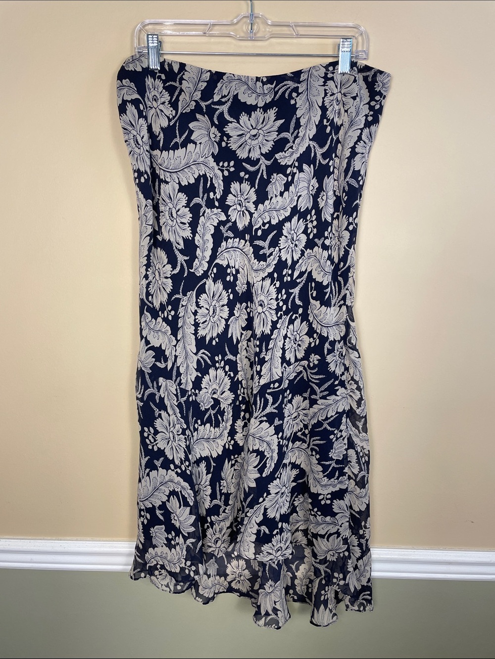 Lauren Ralph Lauren Women’s Silk Floral Print Navy Blue Cream Pull-On Midi Skirt